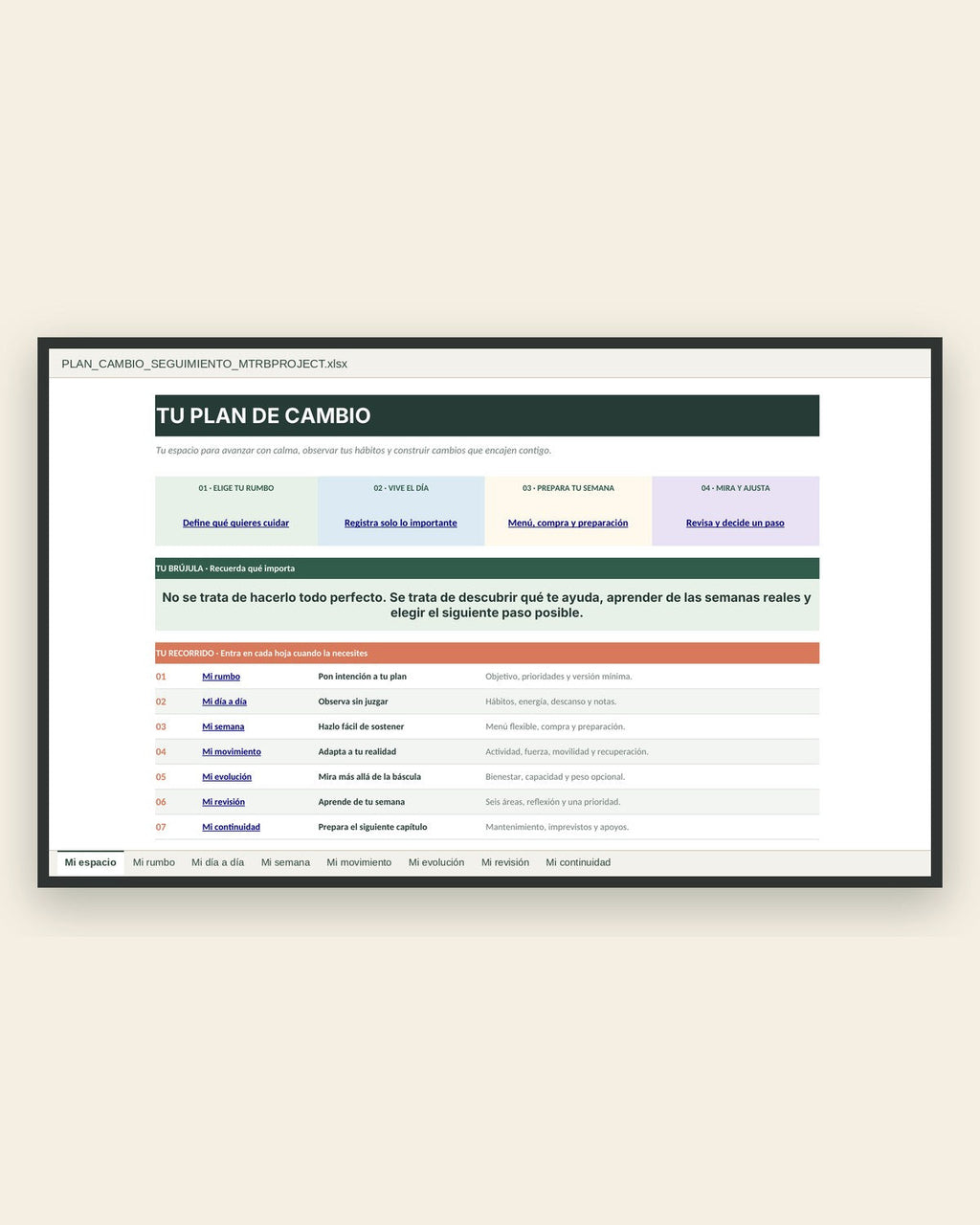 Hoja Mi espacio del Excel de seguimiento Tu Plan de Cambio