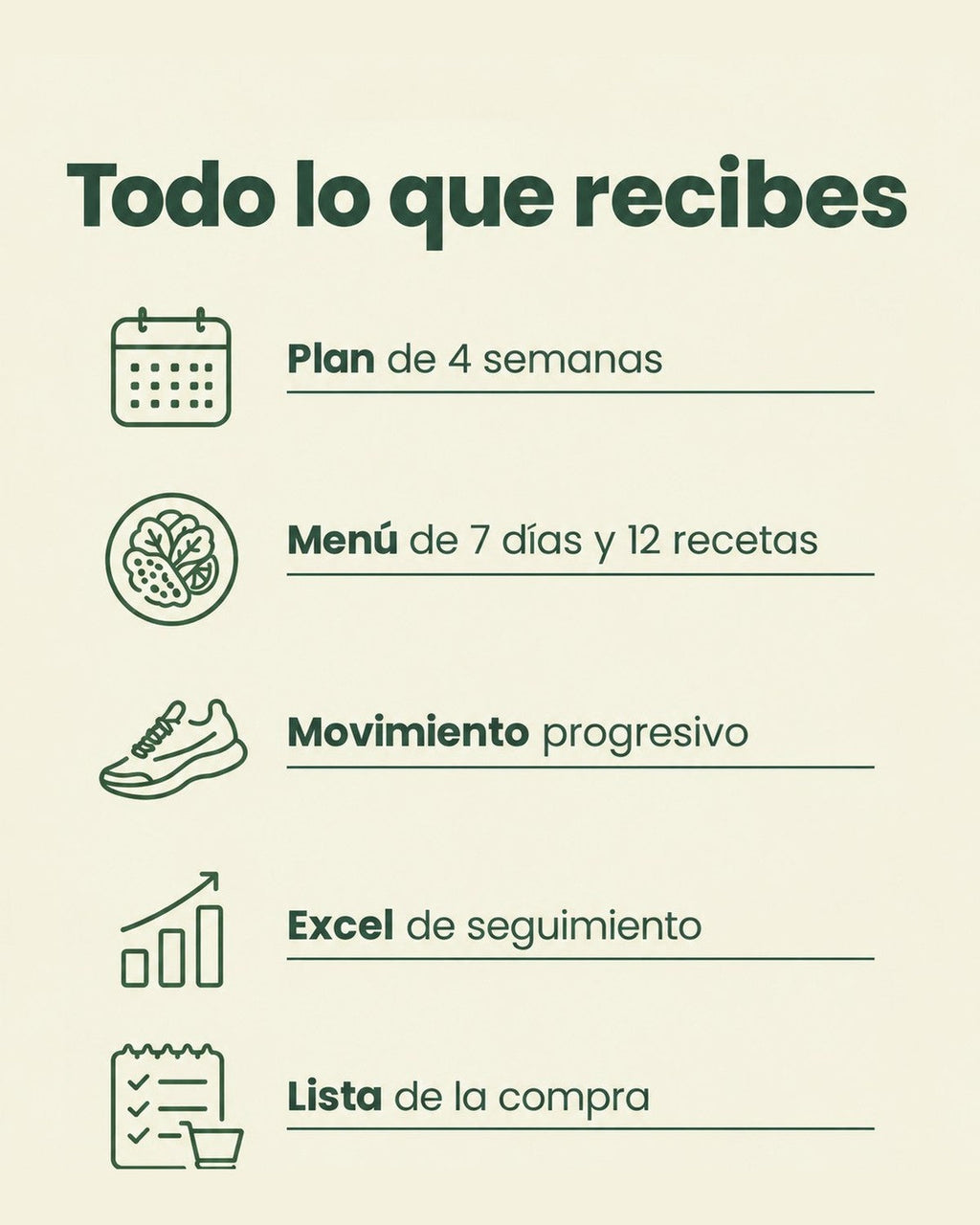 Todo lo que recibes: plan de 4 semanas, menú, movimiento, Excel y lista de la compra