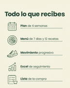 Todo lo que recibes: plan de 4 semanas, menú, movimiento, Excel y lista de la compra