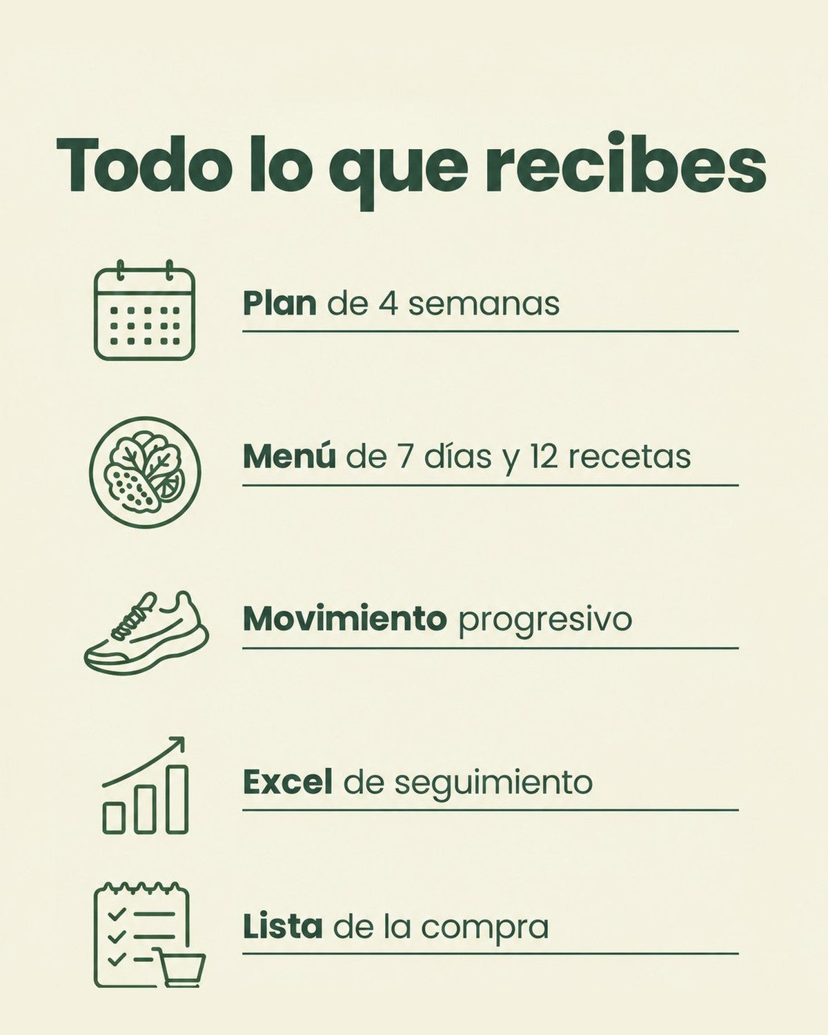 Todo lo que recibes: plan de 4 semanas, menú, movimiento, Excel y lista de la compra
