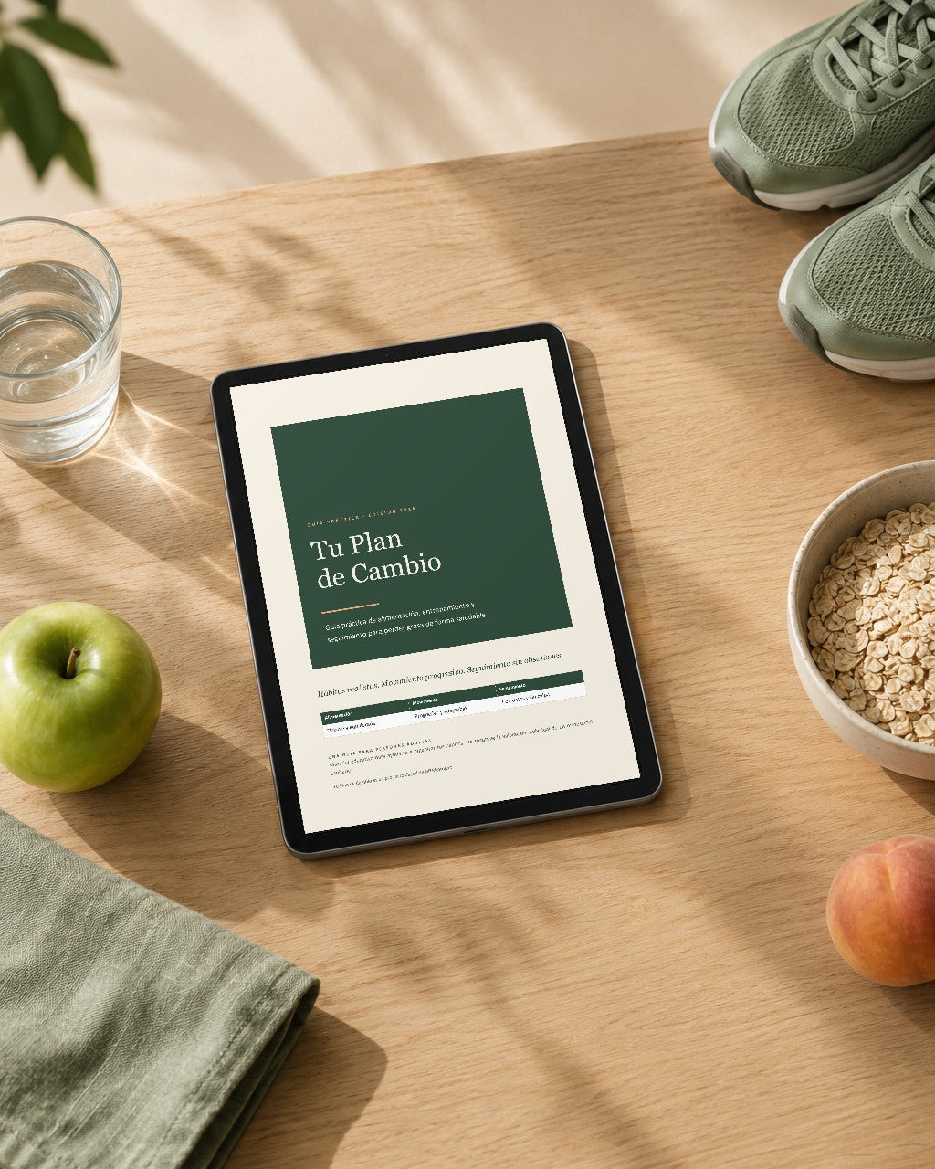 Tablet con la portada de la guía Tu Plan de Cambio sobre una mesa de madera